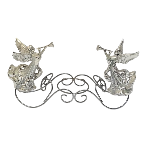 Vintage Angel Silver Tone Glitter Candle Holder Centerpiece Guardian Angel Horn - Picture 1 of 14